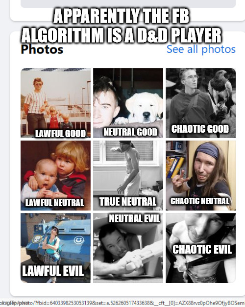 Neat fan service | APPARENTLY THE FB ALGORITHM IS A D&D PLAYER; CHAOTIC GOOD; LAWFUL GOOD; NEUTRAL GOOD; CHAOTIC NEUTRAL; TRUE NEUTRAL; LAWFUL NEUTRAL; NEUTRAL EVIL; CHAOTIC EVIL; LAWFUL EVIL | image tagged in dungeons and dragons,facebook,algorithm | made w/ Imgflip meme maker