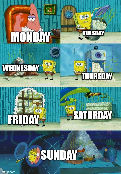 Days Of The Weekend Meme | TUESDAY; MONDAY; WEDNESDAY; THURSDAY; SATURDAY; FRIDAY; SUNDAY | image tagged in spongebob diapers meme | made w/ Imgflip meme maker