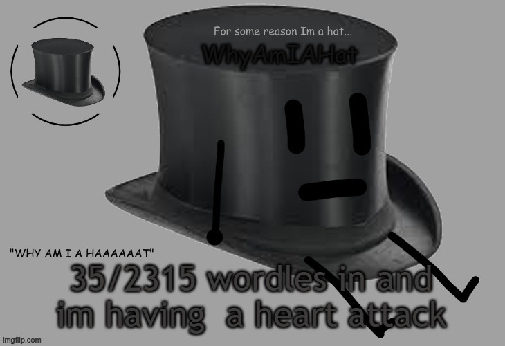 Hat announcement temp | 35/2315 wordles in and im having  a heart attack | image tagged in hat announcement temp | made w/ Imgflip meme maker