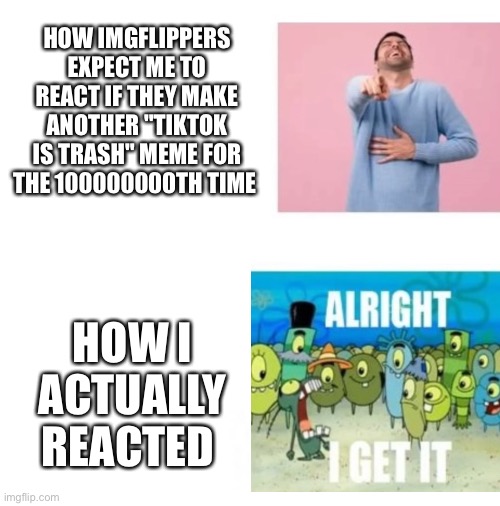 Pls be original | HOW IMGFLIPPERS EXPECT ME TO REACT IF THEY MAKE ANOTHER "TIKTOK IS TRASH" MEME FOR THE 100000000TH TIME; HOW I ACTUALLY REACTED | image tagged in blank white template,original | made w/ Imgflip meme maker