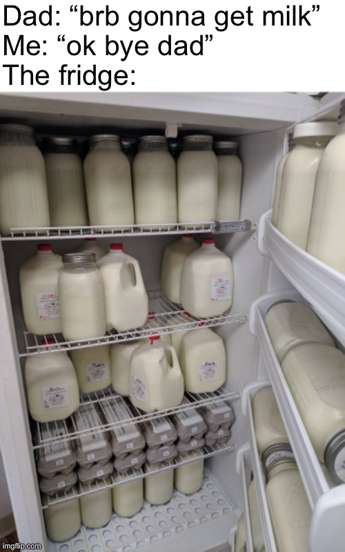 Dad: “brb gonna get milk”
Me: “ok bye dad”
The fridge: | made w/ Imgflip meme maker