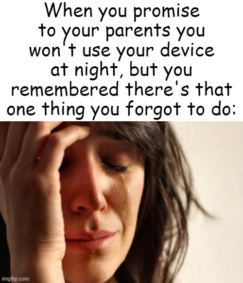 First World Problems | When you promise to your parents you won't use your device at night, but you remembered there's that one thing you forgot to do: | image tagged in memes,first world problems,bruh,parents,technology,funny | made w/ Imgflip meme maker