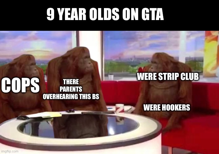 where monkey | 9 YEAR OLDS ON GTA; WERE STRIP CLUB; COPS; THERE PARENTS OVERHEARING THIS BS; WERE HOOKERS | image tagged in where monkey | made w/ Imgflip meme maker
