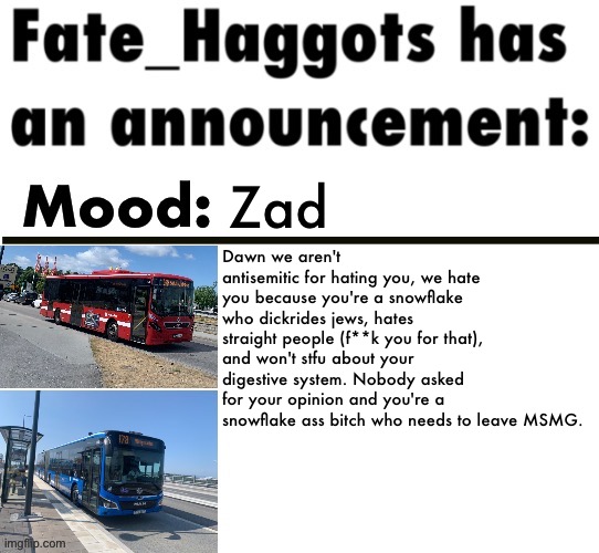 Fate_Haggots announcement template 3 | Zad; Dawn we aren't antisemitic for hating you, we hate you because you're a snowflake who dickrides jews, hates straight people (f**k you for that), and won't stfu about your digestive system. Nobody asked for your opinion and you're a snowflake ass bitch who needs to leave MSMG. | image tagged in fate_haggots announcement template 3 | made w/ Imgflip meme maker