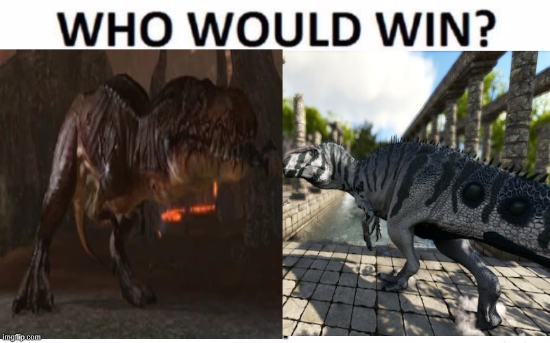 Big Mama Scarface (TUROK 2008) versus Eocarcharia (ARK: Survival Evolved) Tristan's Additions | image tagged in turok,ark survival evolved,dinosaurs,gaming,survival,guns | made w/ Imgflip meme maker