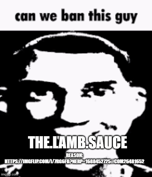 Can we ban this guy | THE.LAMB.SAUCE; REASON: HTTPS://IMGFLIP.COM/I/7RG6FB?NERP=1688452725#COM26481652 | image tagged in can we ban this guy | made w/ Imgflip meme maker