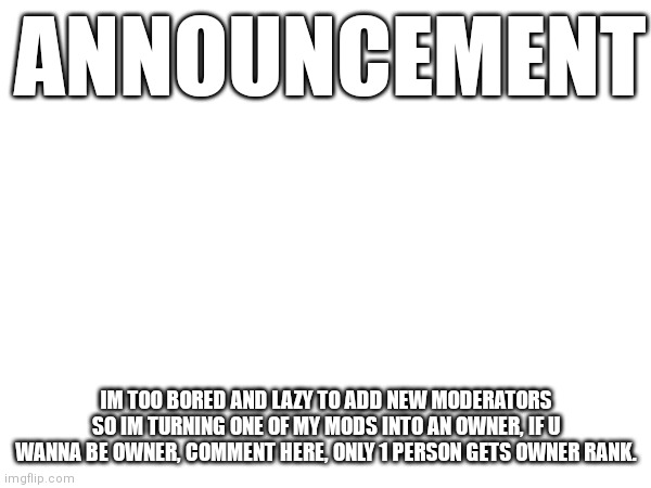 announcement | ANNOUNCEMENT; IM TOO BORED AND LAZY TO ADD NEW MODERATORS SO IM TURNING ONE OF MY MODS INTO AN OWNER, IF U WANNA BE OWNER, COMMENT HERE, ONLY 1 PERSON GETS OWNER RANK. | image tagged in announcement | made w/ Imgflip meme maker