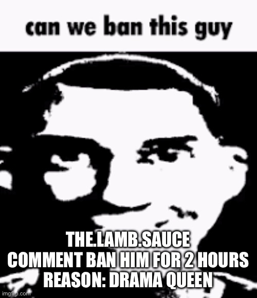 Can we ban this guy | THE.LAMB.SAUCE
COMMENT BAN HIM FOR 2 HOURS
REASON: DRAMA QUEEN | image tagged in can we ban this guy | made w/ Imgflip meme maker