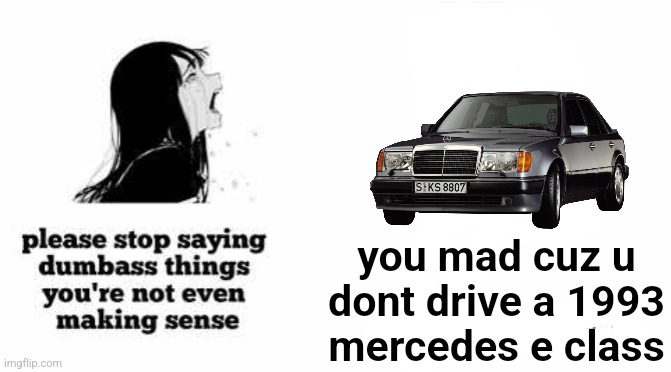 don't say anything about the license plate | you mad cuz u dont drive a 1993 mercedes e class | image tagged in please stop saying dumbass things youre not even making sense | made w/ Imgflip meme maker