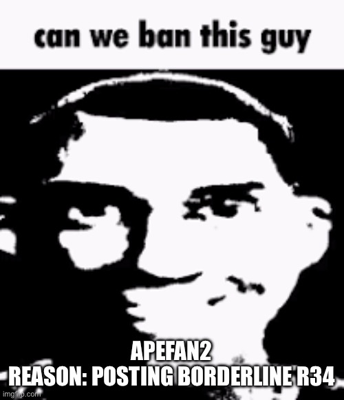 we should not have let him out, give a 1 day ban atm | APEFAN2
REASON: POSTING BORDERLINE R34 | image tagged in can we ban this guy | made w/ Imgflip meme maker