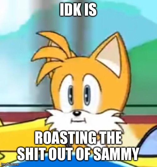 Tails hold up | IDK IS; ROASTING THE SHIT OUT OF SAMMY | image tagged in tails hold up | made w/ Imgflip meme maker