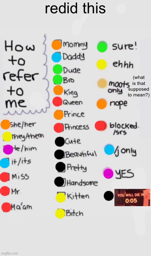 reuploaded because i forgor to give title | redid this; (what is that supposed to mean?) | image tagged in how to refer to me,redo,reupload,bruh | made w/ Imgflip meme maker