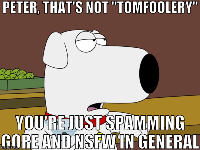 Brian Griffin | PETER, THAT'S NOT "TOMFOOLERY"; YOU'RE JUST SPAMMING GORE AND NSFW IN GENERAL | image tagged in brian griffin | made w/ Imgflip meme maker