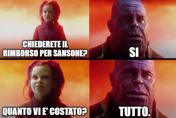 What did it cost? | SI; CHIEDERETE IL RIMBORSO PER SANSONE? TUTTO. QUANTO VI E' COSTATO? | image tagged in what did it cost | made w/ Imgflip meme maker