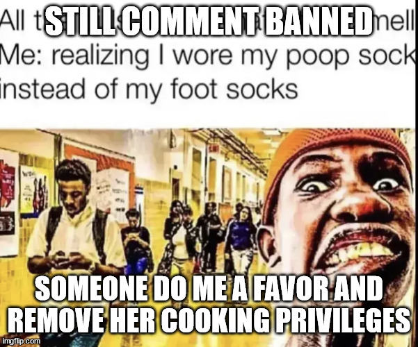 ▲ | STILL COMMENT BANNED; SOMEONE DO ME A FAVOR AND REMOVE HER COOKING PRIVILEGES | image tagged in foot socks | made w/ Imgflip meme maker