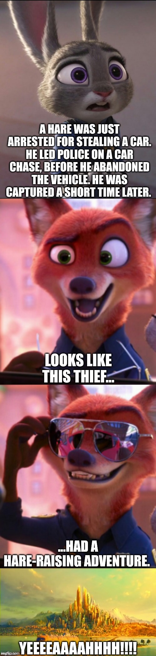 CSI: Zootopia 42 | A HARE WAS JUST ARRESTED FOR STEALING A CAR. HE LED POLICE ON A CAR CHASE, BEFORE HE ABANDONED THE VEHICLE. HE WAS CAPTURED A SHORT TIME LATER. LOOKS LIKE THIS THIEF... ...HAD A HARE-RAISING ADVENTURE. YEEEEAAAAHHHH!!!! | image tagged in csi zootopia,zootopia,judy hopps,nick wilde,parody,funny | made w/ Imgflip meme maker
