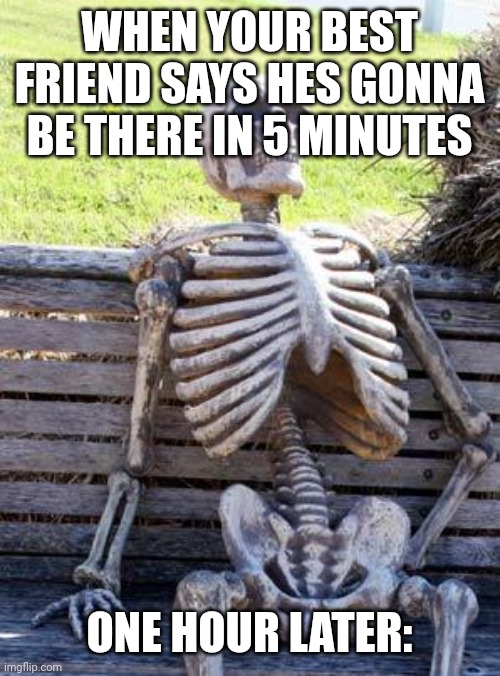 Waiting Skeleton | WHEN YOUR BEST FRIEND SAYS HES GONNA BE THERE IN 5 MINUTES; ONE HOUR LATER: | image tagged in memes,waiting skeleton | made w/ Imgflip meme maker