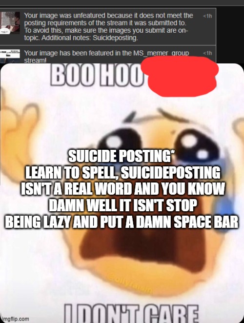 . | SUICIDE POSTING* 
LEARN TO SPELL, SUICIDEPOSTING ISN'T A REAL WORD AND YOU KNOW DAMN WELL IT ISN'T STOP BEING LAZY AND PUT A DAMN SPACE BAR | image tagged in boo hoo i don't care | made w/ Imgflip meme maker