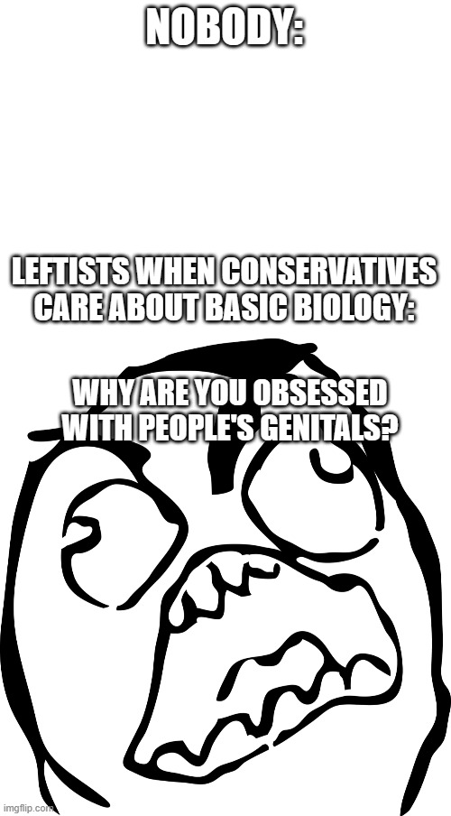 very weird, indeed. | NOBODY:; LEFTISTS WHEN CONSERVATIVES CARE ABOUT BASIC BIOLOGY:; WHY ARE YOU OBSESSED WITH PEOPLE'S GENITALS? | image tagged in blank white template,angry rage face | made w/ Imgflip meme maker