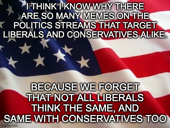 I'm tryna be neutral here, please don't kill me :') | I THINK I KNOW WHY THERE ARE SO MANY MEMES ON THE POLITICS STREAMS THAT TARGET LIBERALS AND CONSERVATIVES ALIKE. BECAUSE WE FORGET THAT NOT ALL LIBERALS THINK THE SAME, AND SAME WITH CONSERVATIVES TOO | image tagged in american flag,net neutrality,neutral,liberals,conservative,liberal vs conservative | made w/ Imgflip meme maker