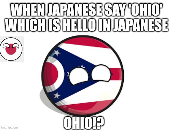 Ohio the Greeting Not the State | WHEN JAPANESE SAY 'OHIO' WHICH IS HELLO IN JAPANESE; OHIO!? | image tagged in countryballs | made w/ Imgflip meme maker