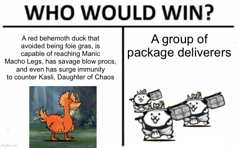 Casaurian Ahirujo vs. Courier Cat: Who would win? | A red behemoth duck that avoided being foie gras, is capable of reaching Manic Macho Legs, has savage blow procs, and even has surge immunity to counter Kasli, Daughter of Chaos; A group of package deliverers | image tagged in memes,who would win,battle cats | made w/ Imgflip meme maker