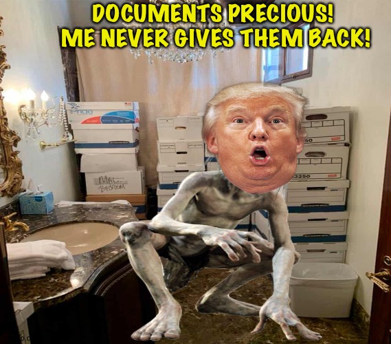 Trollum | DOCUMENTS PRECIOUS!  ME NEVER GIVES THEM BACK! | image tagged in trump,gollum,documents | made w/ Imgflip meme maker