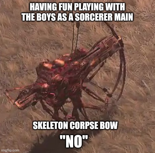 Denied Fun | HAVING FUN PLAYING WITH THE BOYS AS A SORCERER MAIN; SKELETON CORPSE BOW; "NO" | image tagged in diablo4,diablo,pc gaming,ps5,gaming | made w/ Imgflip meme maker