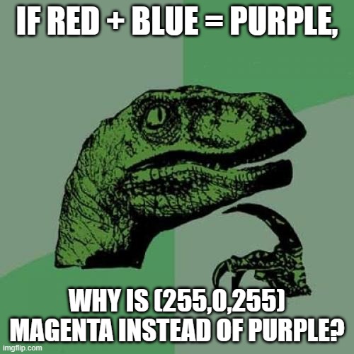 Philosoraptor | IF RED + BLUE = PURPLE, WHY IS (255,0,255) MAGENTA INSTEAD OF PURPLE? | image tagged in memes,philosoraptor | made w/ Imgflip meme maker