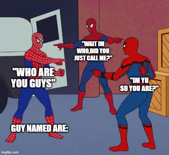 What da hill man... | "WAIT IM WHO,DID YOU JUST CALL ME?"; "WHO ARE YOU GUYS"; "IM YU SO YOU ARE?"; GUY NAMED ARE: | image tagged in spider man triple | made w/ Imgflip meme maker