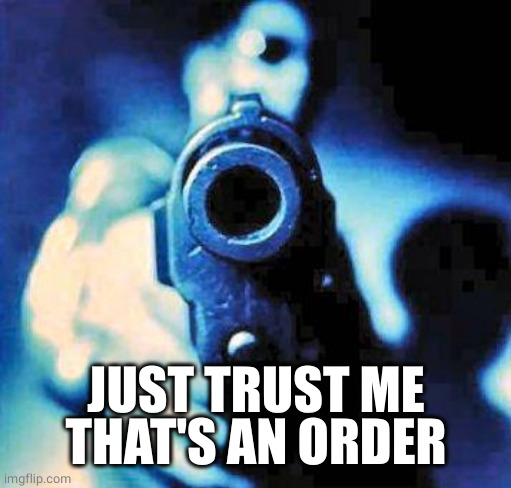 gun in face | JUST TRUST ME
THAT'S AN ORDER | image tagged in gun in face | made w/ Imgflip meme maker