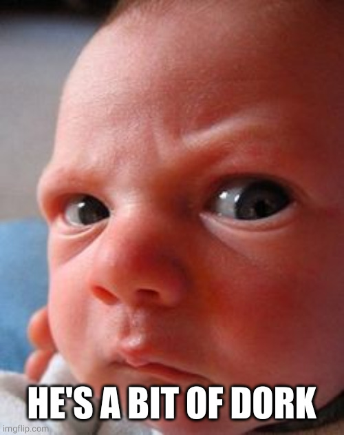 Infant attitude | HE'S A BIT OF DORK | image tagged in infant attitude | made w/ Imgflip meme maker
