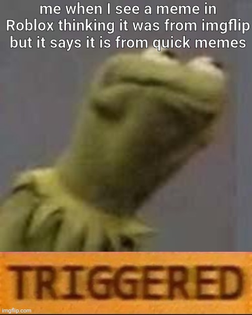 Kermit Triggered | me when I see a meme in Roblox thinking it was from imgflip but it says it is from quick memes | image tagged in kermit triggered | made w/ Imgflip meme maker