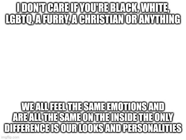 I DON'T CARE IF YOU'RE BLACK, WHITE, LGBTQ, A FURRY, A CHRISTIAN OR ANYTHING; WE ALL FEEL THE SAME EMOTIONS AND ARE ALL THE SAME ON THE INSIDE THE ONLY DIFFERENCE IS OUR LOOKS AND PERSONALITIES | made w/ Imgflip meme maker