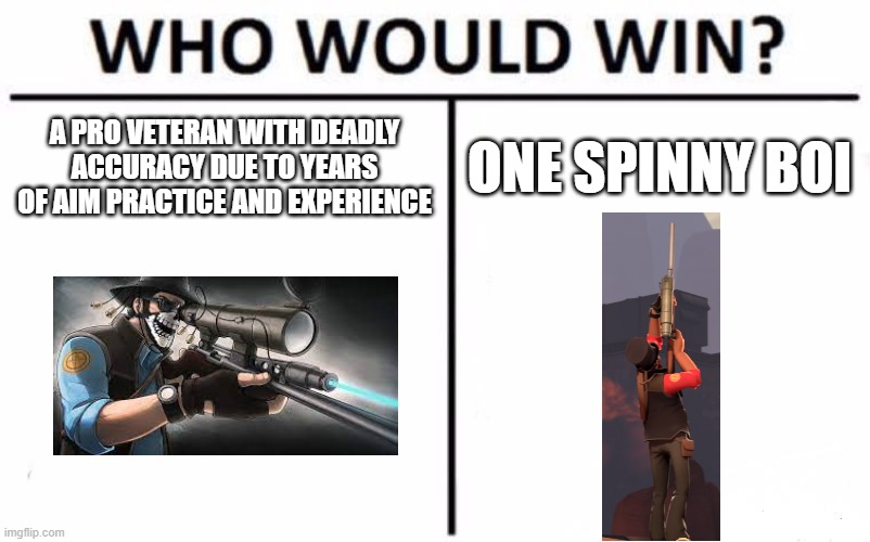 Name | A PRO VETERAN WITH DEADLY ACCURACY DUE TO YEARS OF AIM PRACTICE AND EXPERIENCE; ONE SPINNY BOI | image tagged in memes,who would win,bots,tf2 | made w/ Imgflip meme maker