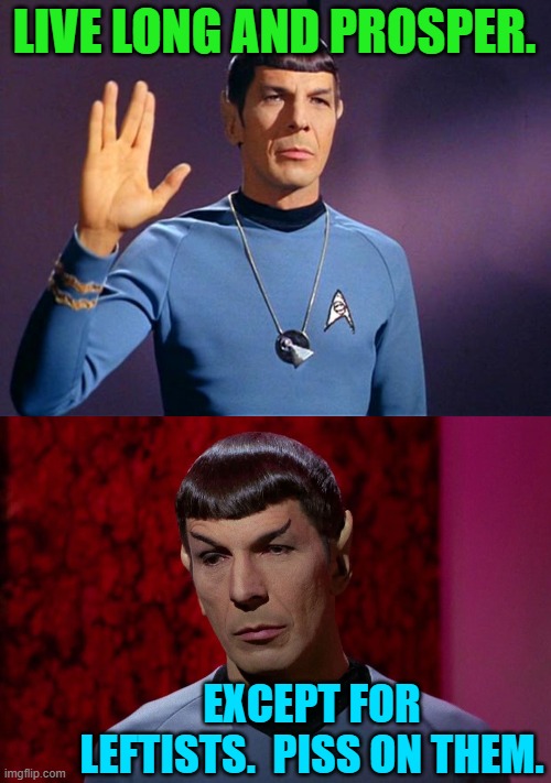 You tell 'em Spock | LIVE LONG AND PROSPER. EXCEPT FOR LEFTISTS.  PISS ON THEM. | image tagged in spock live long and prosper | made w/ Imgflip meme maker