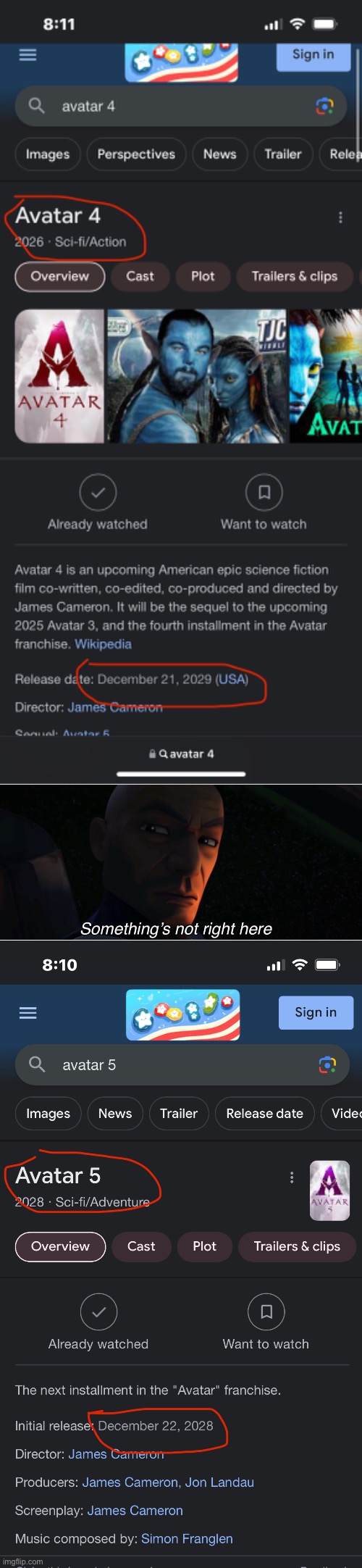 Okay, I’m a huge fan of the films, but can someone explain why the Avatar 5 release date comes before Avatar 4 | image tagged in what,avatar,excuse me what the heck | made w/ Imgflip meme maker
