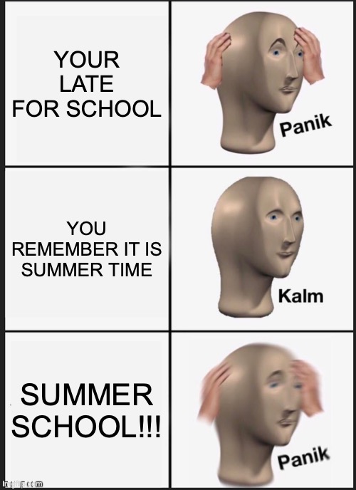 Summer School | YOUR LATE FOR SCHOOL; YOU REMEMBER IT IS SUMMER TIME; SUMMER SCHOOL!!! | image tagged in memes,panik kalm panik,panik time,aint nobody got time for that,summer school,stay safe | made w/ Imgflip meme maker