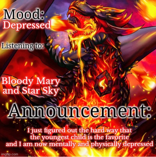 Tis sad to figure this out. | Depressed; Bloody Mary and Star Sky; I just figured out the hard way that the youngest child is the favorite and I am now mentally and physically depressed | image tagged in khajiit_dragonborn's announcement template | made w/ Imgflip meme maker