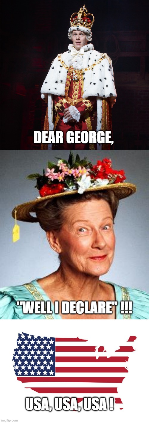 Well I Declare | DEAR GEORGE, "WELL I DECLARE" !!! USA, USA, USA ! | image tagged in king george hamilton,usa map flag,almost politically correct redneck,england,tony blair,royal family | made w/ Imgflip meme maker