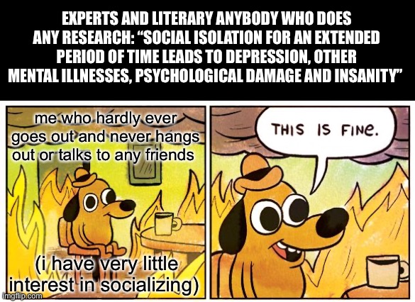 i have vry little interest in socializing | EXPERTS AND LITERARY ANYBODY WHO DOES ANY RESEARCH: “SOCIAL ISOLATION FOR AN EXTENDED PERIOD OF TIME LEADS TO DEPRESSION, OTHER MENTAL ILLNESSES, PSYCHOLOGICAL DAMAGE AND INSANITY”; me who hardly ever goes out and never hangs out or talks to any friends; (i have very little interest in socializing) | image tagged in memes,this is fine | made w/ Imgflip meme maker