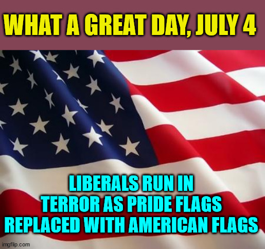 Happy Independence day | WHAT A GREAT DAY, JULY 4; LIBERALS RUN IN TERROR AS PRIDE FLAGS REPLACED WITH AMERICAN FLAGS | image tagged in american flag,independence day | made w/ Imgflip meme maker