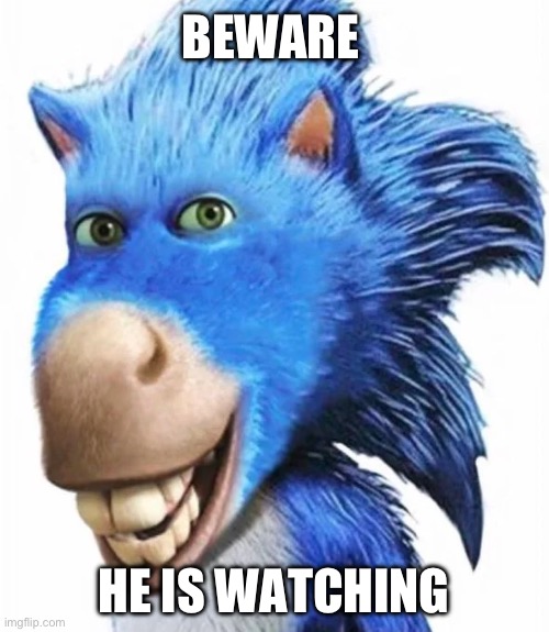 If you upvote an upvote beggar, he will appear in your room at 3AM | BEWARE; HE IS WATCHING | image tagged in donkey sonic | made w/ Imgflip meme maker