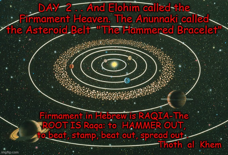 WHAT THE WORD HEAVEN REALLY MEANS | DAY  2 . . And Elohim called the Firmament Heaven. The Anunnaki called the Asteroid Belt  "The Hammered Bracelet"; Firmament in Hebrew is RAQIA-The ROOT IS Raqa: to  HAMMER OUT, to beat, stamp, beat out, spread out . 

                                                          Thoth  al  Khem | image tagged in bible lies,preachers lie,vincent xavier,pastor vincent xavier,sad | made w/ Imgflip meme maker