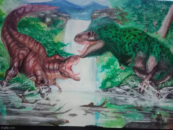 Primitive War: Father T Rex vs Acrocanthosaurus (Art by Ricardo Recto) | made w/ Imgflip meme maker