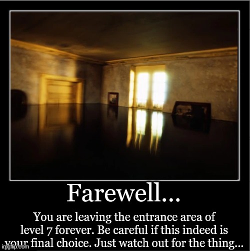 Farewell... You are leaving the entrance area of level 7 forever. Be careful if this indeed is your final choice. Just watch out for the thing... | made w/ Imgflip meme maker