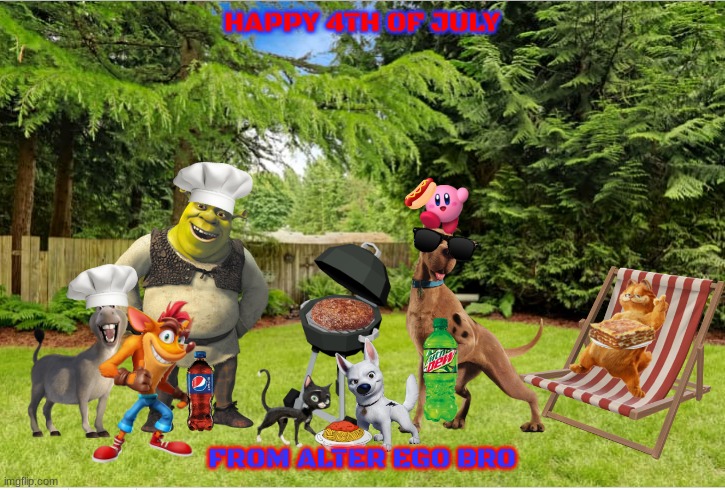 happy 4th of july | HAPPY 4TH OF JULY; FROM ALTER EGO BRO | image tagged in sunny backyard,4th of july,crossover | made w/ Imgflip meme maker