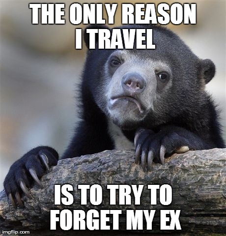 Confession Bear | THE ONLY REASON I TRAVEL IS TO TRY TO FORGET MY EX | image tagged in memes,confession bear,AdviceAnimals | made w/ Imgflip meme maker