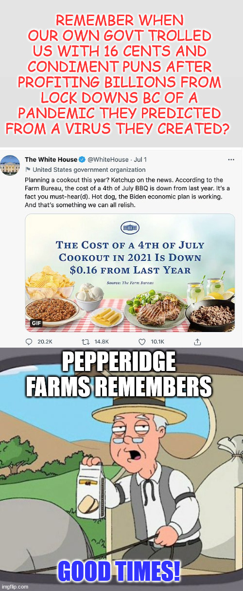 Good times... | REMEMBER WHEN OUR OWN GOVT TROLLED US WITH 16 CENTS AND CONDIMENT PUNS AFTER PROFITING BILLIONS FROM LOCK DOWNS BC OF A PANDEMIC THEY PREDICTED FROM A VIRUS THEY CREATED? PEPPERIDGE FARMS REMEMBERS; GOOD TIMES! | image tagged in memes,pepperidge farm remembers,independence day,flashback | made w/ Imgflip meme maker