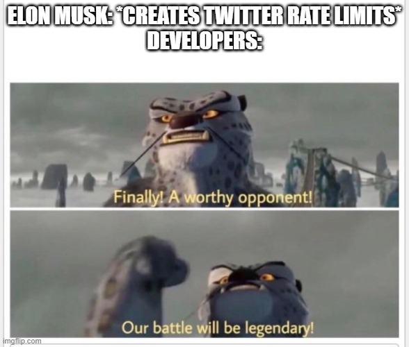 Finally! A worthy opponent! | ELON MUSK: *CREATES TWITTER RATE LIMITS*
DEVELOPERS: | image tagged in finally a worthy opponent | made w/ Imgflip meme maker